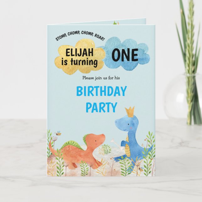 Cute Dinosaurs Playing Boy 1st Birthday Invitation (Front)