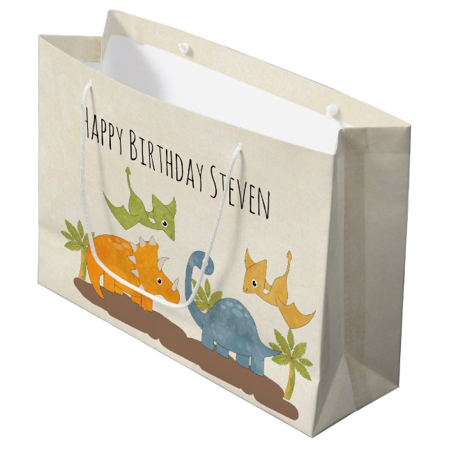 Cute Dinosaurs Prehistoric Wildlife Birthday Large Gift Bag (Front Angled)