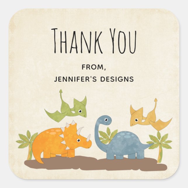 Cute Dinosaurs Prehistoric Wildlife Biz Thank You Square Sticker (Front)
