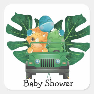 Cute Dinosaurs Safari Vehicle Baby Shower Square Sticker