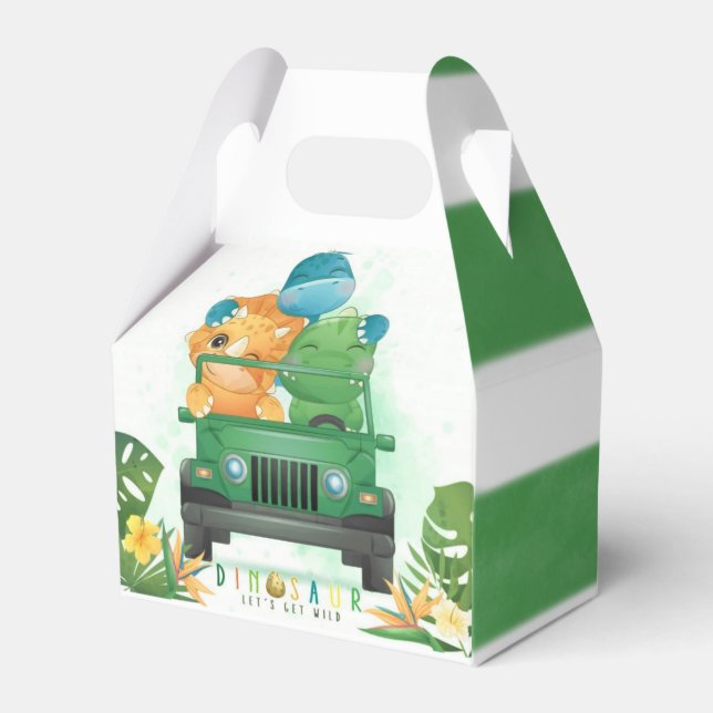 Cute Dinosaurs Safari Vehicle Boy Baby Shower Favor Box (Front Side)