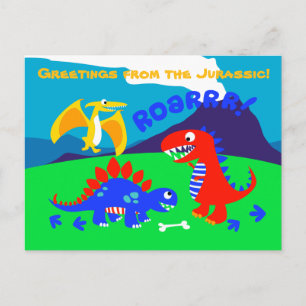Cute dinosaurs standing on a hill postcard