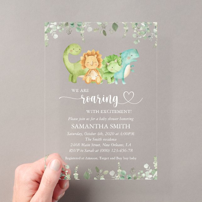 Cute Dinosaurs, T-Rex, Jurassic, Baby Shower Acrylic Invitations (Insitu (Handheld))