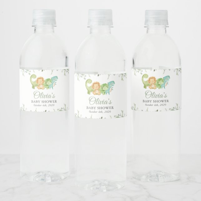 Cute Dinosaurs, T-Rex, Jurassic, Baby Shower Water Bottle Label (Bottles)