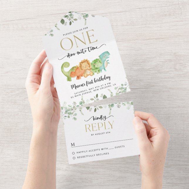 Cute Dinosaurs, T-Rex, Jurassic, First Birthday All In One Invitation (Tearaway)