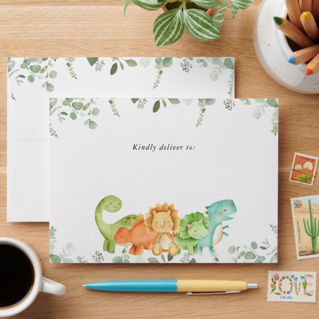 Cute Dinosaurs, T-Rex, Jurassic, First Birthday Envelope (Desk)