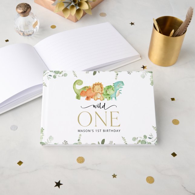 Cute Dinosaurs, T-Rex, Jurassic, First Birthday Guest Book (Front Open)
