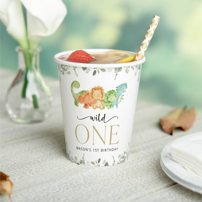 Cute Dinosaurs, T-Rex, Jurassic, First Birthday Paper Cups (Insitu)