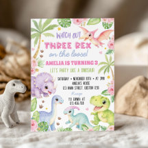 Cute Dinosaurs Three Rex Girl Birthday Invitation