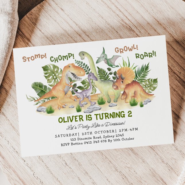 Cute Dinosaurs Tropical Leaves Boy Birthday Party Invitation (Creator Uploaded)