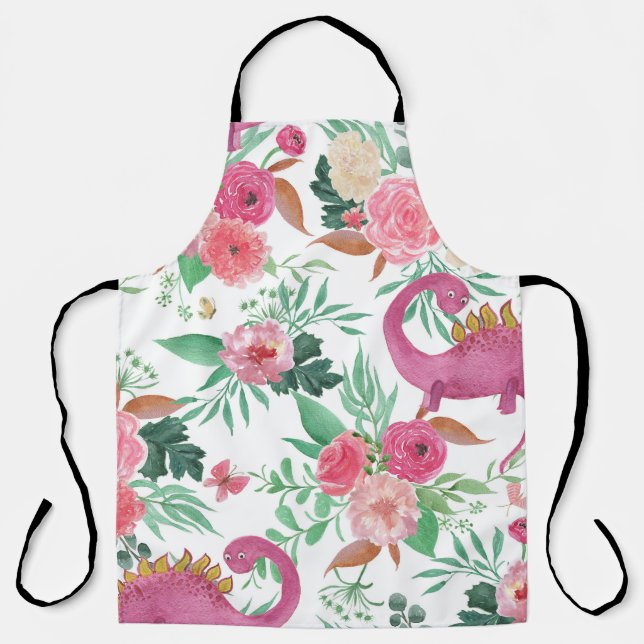 Cute Dinosaurs Vintage Floral Pattern Apron (Front)