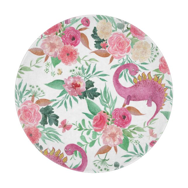 Cute Dinosaurs Vintage Floral Pattern Cutting Board (Front)