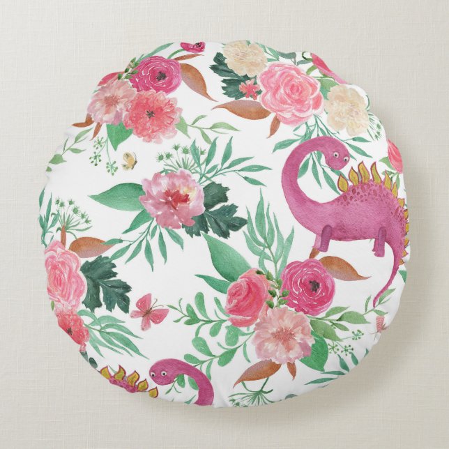 Cute Dinosaurs Vintage Floral Pattern Round Pillow (Front)