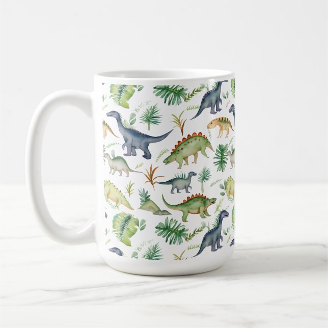 Cute Dinosaurs watercolor green pattern kids Coffee Mug (Left)