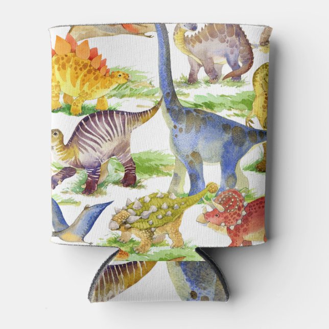 Cute Dinosaurs Watercolor Seamless Art Can Cooler (Front)