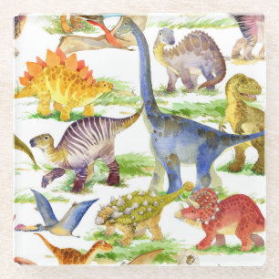 Cute Dinosaurs Watercolor Seamless Art Glass Coaster