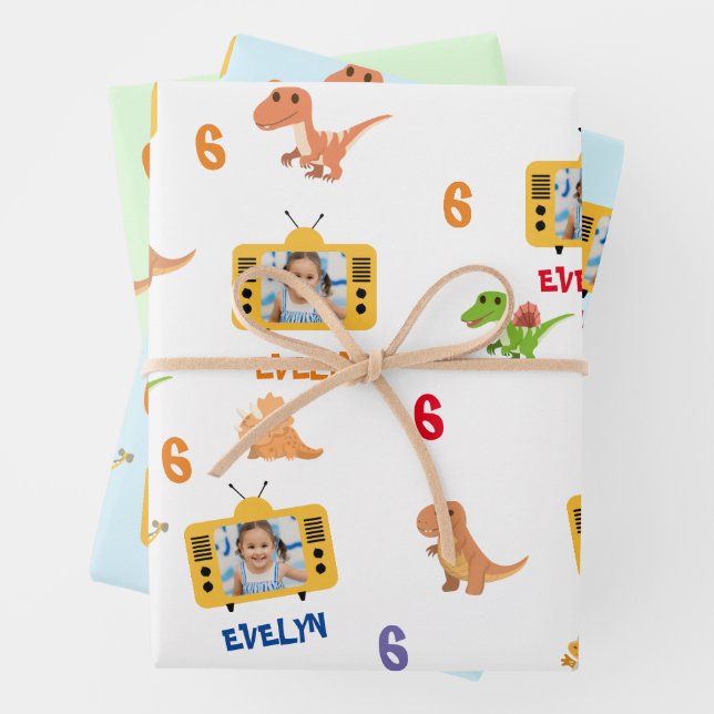 Cute Dinosaurs with Custom Photo, Name and Age Wrapping Paper Sheet (In situ)