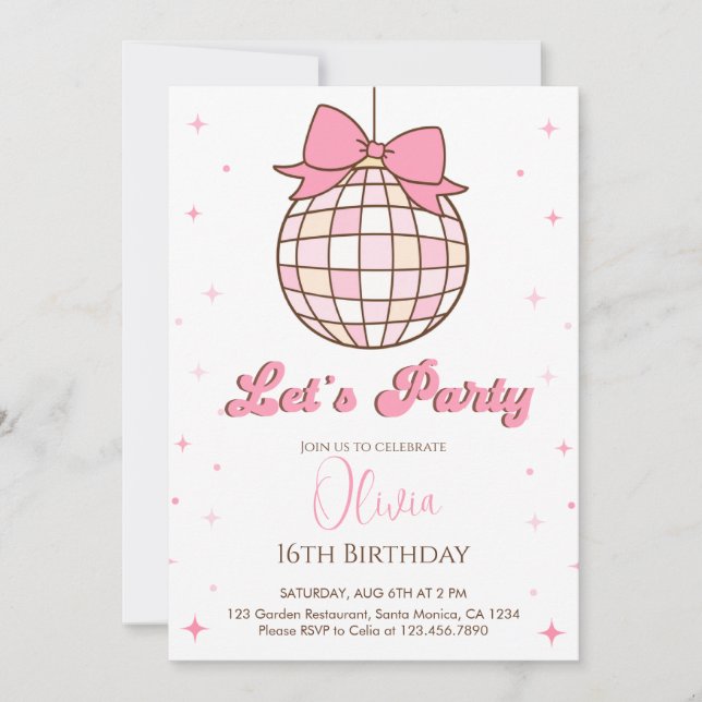 Cute Disco Ball | pink bow Birthday Party Invitation (Front)