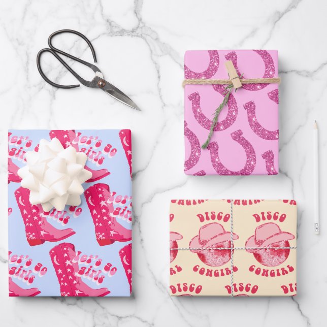 Cute Disco Cowgirl Horseshoe Pink Blue Beige Wrapping Paper Sheet (Front)