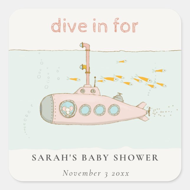 Cute Dive In Underwater Submarine Baby Shower Square Sticker (Front)