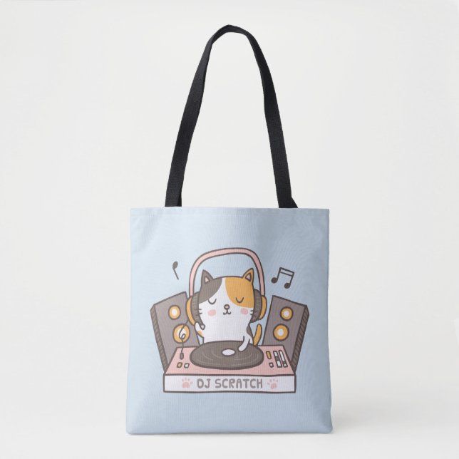 Cute DJ Scratch Kitty Cat Doodle Tote Bag (Front)