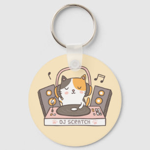 Cute DJ Scratch Kitty Cat Pun Keychain