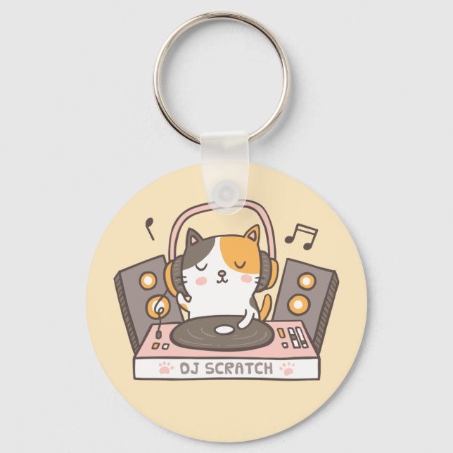 Cute DJ Scratch Kitty Cat Pun Keychain (Front)