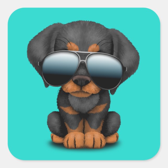 Cute Doberman Puppy Dog Wearing Sunglasses Square Sticker (Front)