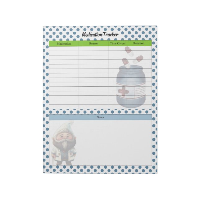 Cute Doctor Gnome Medication Tracker Notepad (Rotated)
