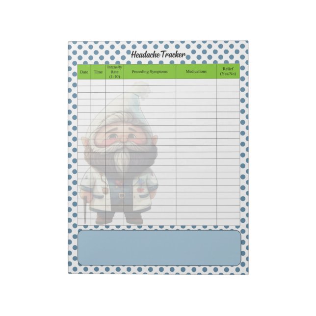 Cute Doctor Gnome Themed Headache Tracker Notepad (Rotated)