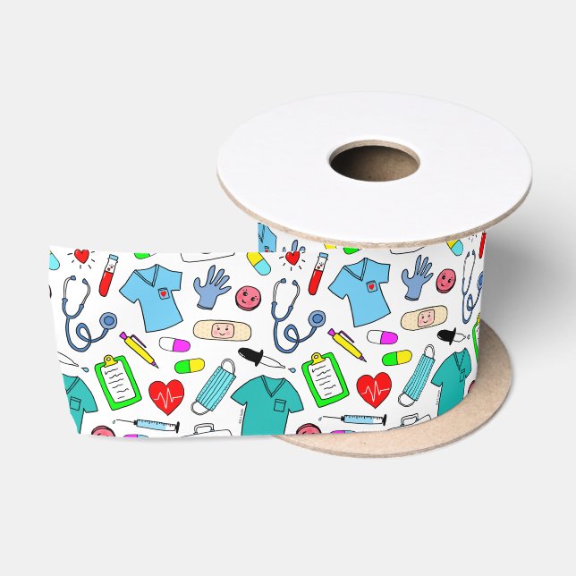 Cute Doctor Nurse Medical Supplies Pattern Satin Ribbon (Spool)