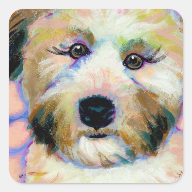 Cute dog adorable face fun colourful art painting square sticker (Front)