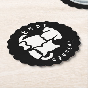 Cute Dog and Cat Best Friends Silhouette Scalloped Paper Coaster