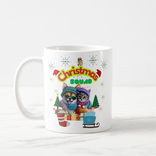 Cute dog and cat Christmas squad design  Coffee Mug (Left)