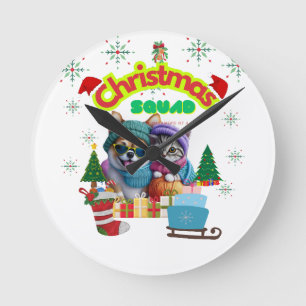 Cute dog and cat Christmas squad design Round Clock