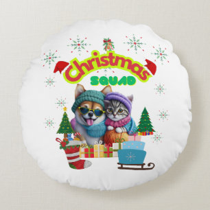 Cute dog and cat Christmas squad design  Round Pillow