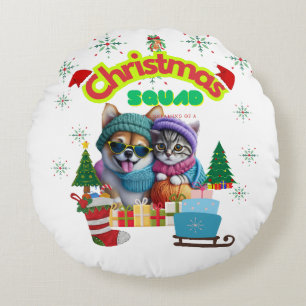 Cute dog and cat Christmas squad design  Round Pillow