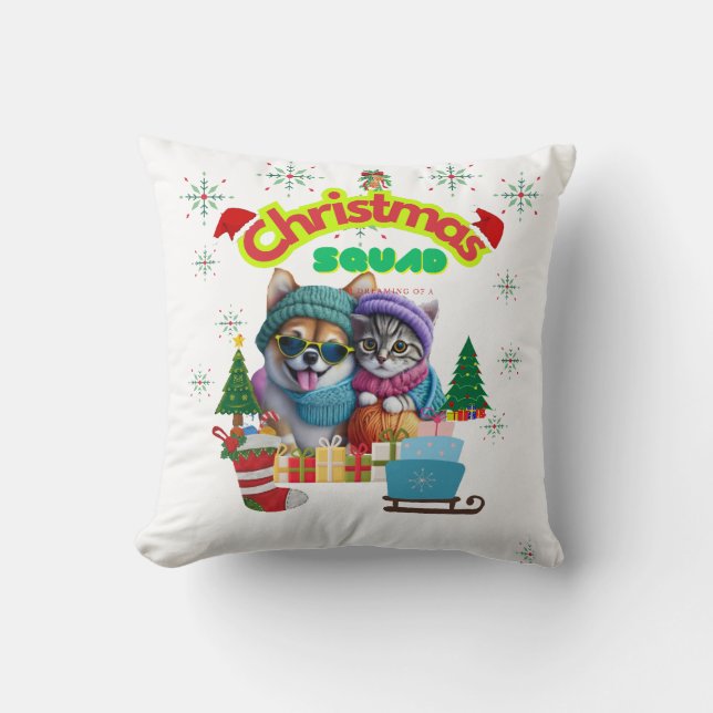 Cute dog and cat Christmas squad design  Throw Pillow (Front)