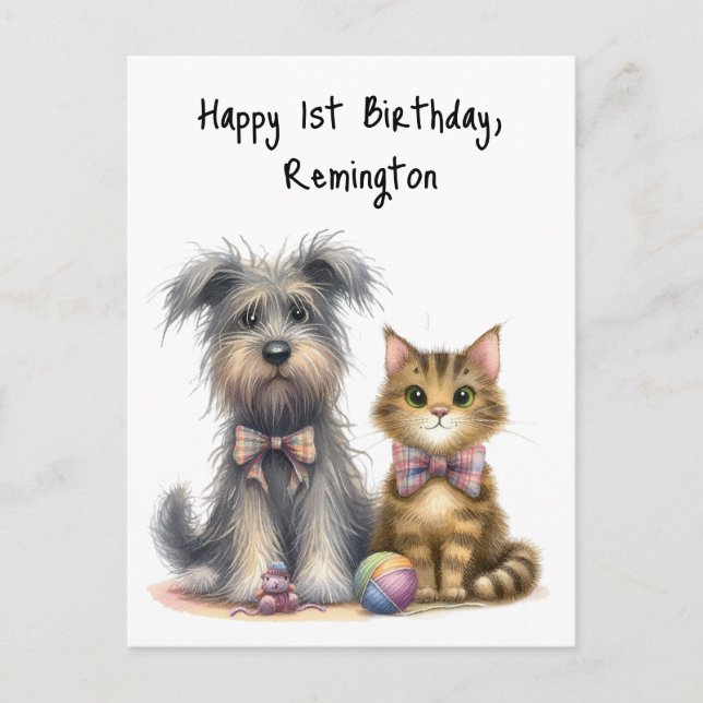 Cute Dog and Cat Happy 1st Birthday Personalized Postcard (Front)