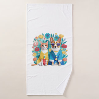 Cute dog and cat newlyweds wearing Korean hanbok. Bath Towel