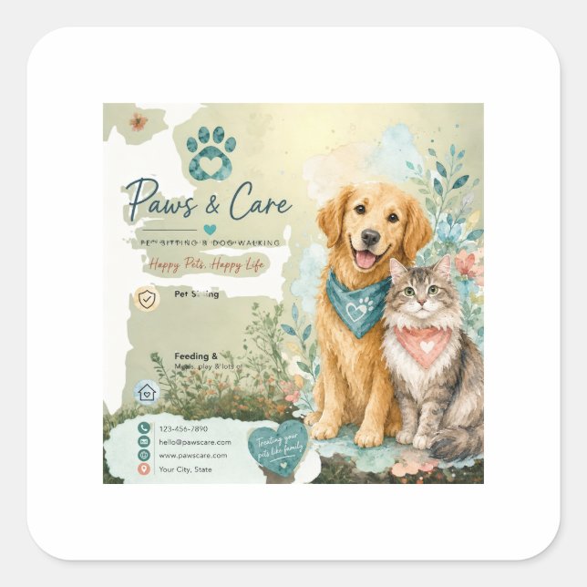 Cute Dog And Cat Pet Sitter Dog Walker   Square Sticker (Front)