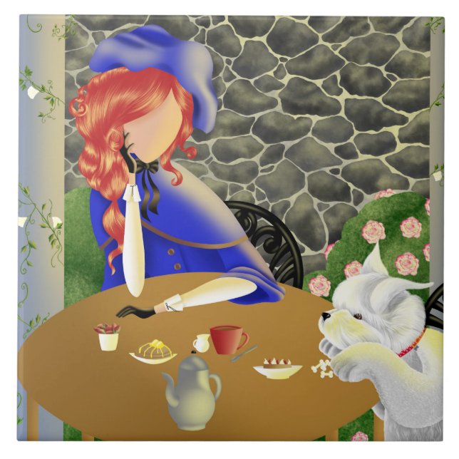 Cute Dog and Lady in cafe at sunset Tile (Front)