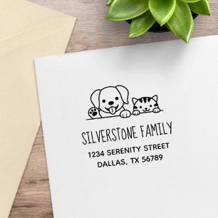 Cute Dog and Tabby Cat Peeking Family Address Rubber Stamp