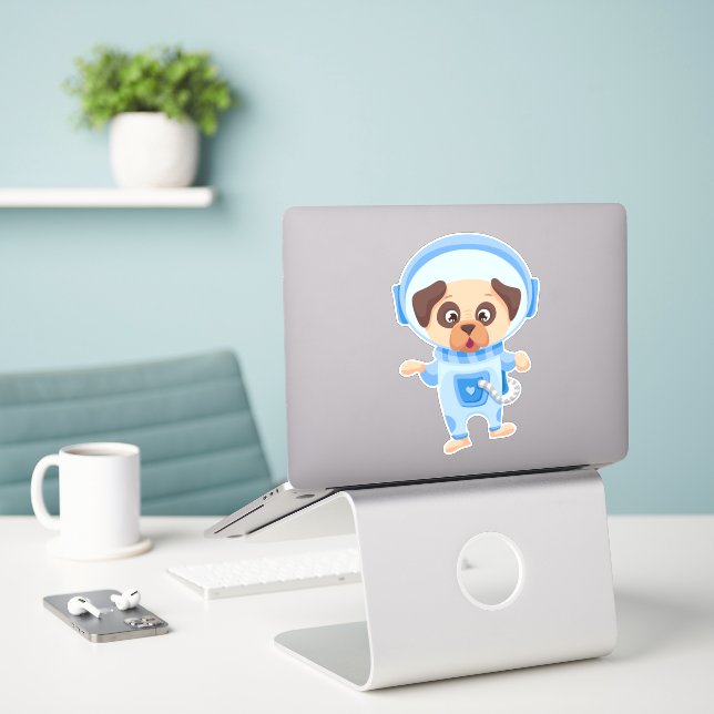 Cute Dog Astronaut Flying in Open Space in Suit  (Laptop On Desk)