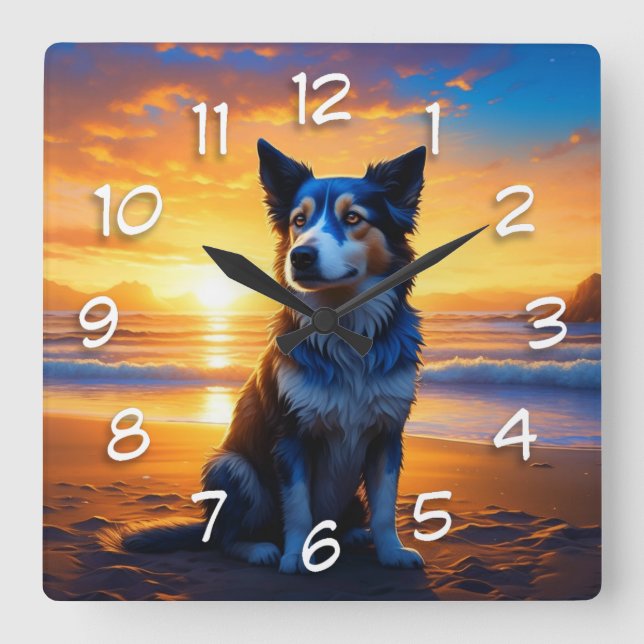 Cute Dog at Sunset Serene Ocean Beach Square Wall Clock (Front)
