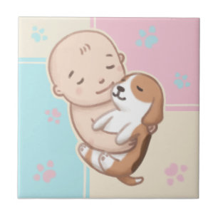 Cute Dog & Baby Illustration Art Tile