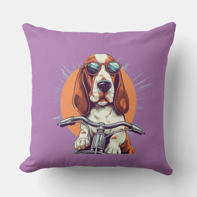 Cute dog biker in the sunset Throw Pillow (Front)