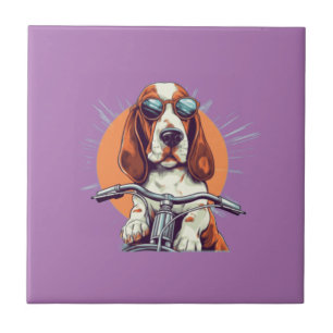 Cute dog biker in the sunset tile