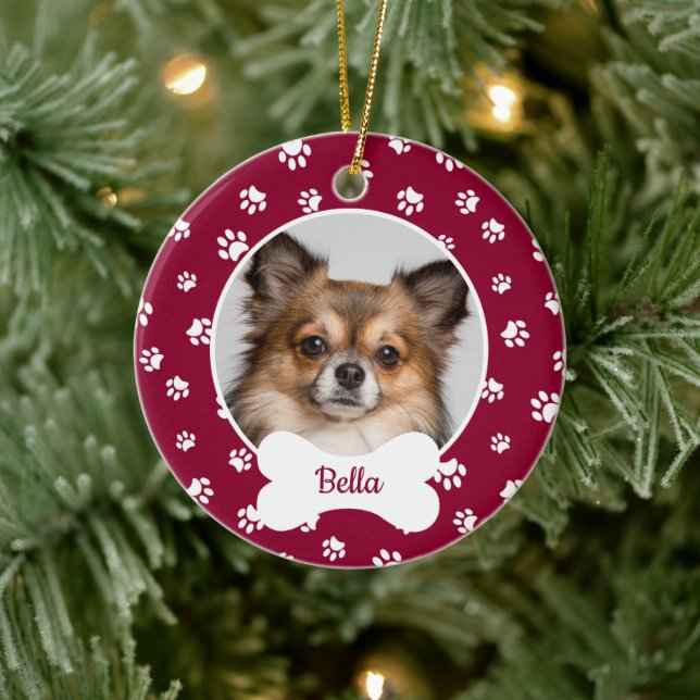 Cute Dog Bone Name Year Red & White Paw Prints Ceramic Ornament (Tree)