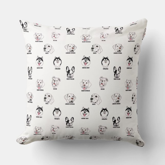 Cute Dog Breed Faces Pattern Throw Pillow (Front)